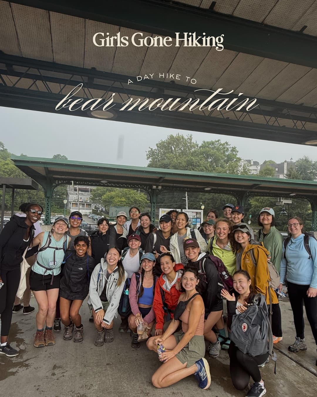 Hikers gathered on Bear Mountain trail during Girls Gone Hiking NYC community event with sponsored trail goodies