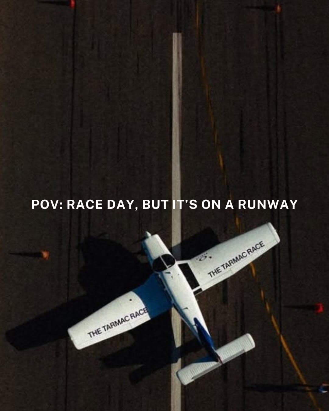 Runners competing on airport runway tarmac during The Tarmac Race at Valencia-Chabeuil Airport with Oakley and Reload branding visible
